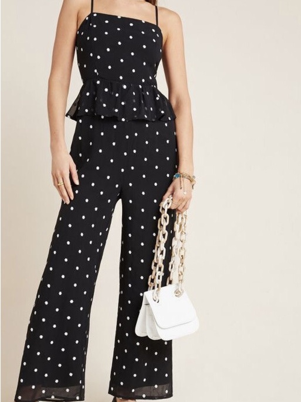 Anthropologie Black & White Polka Dot Peplum Jumpsuit